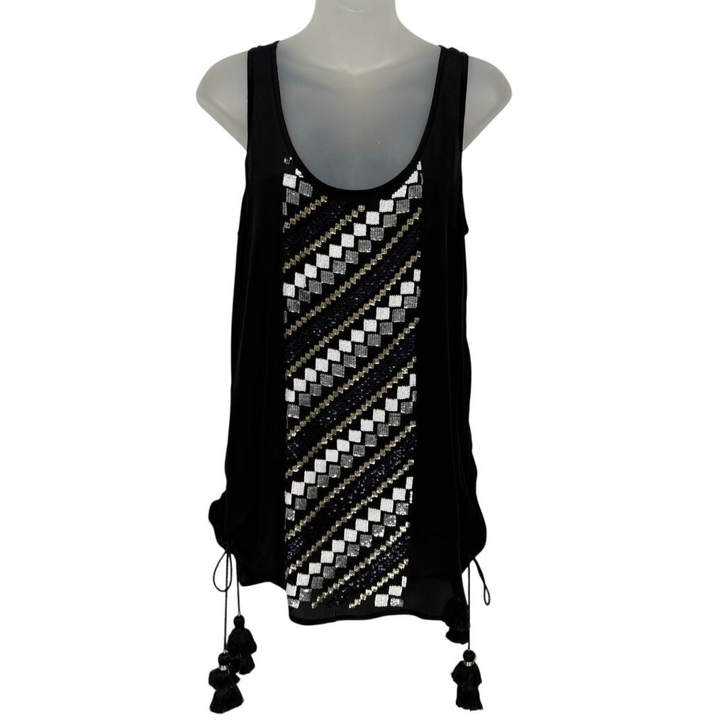 FIGUE 100% Silk Diamond Sequin Pattern Tassle Tank Top Tunic Black Size S $498